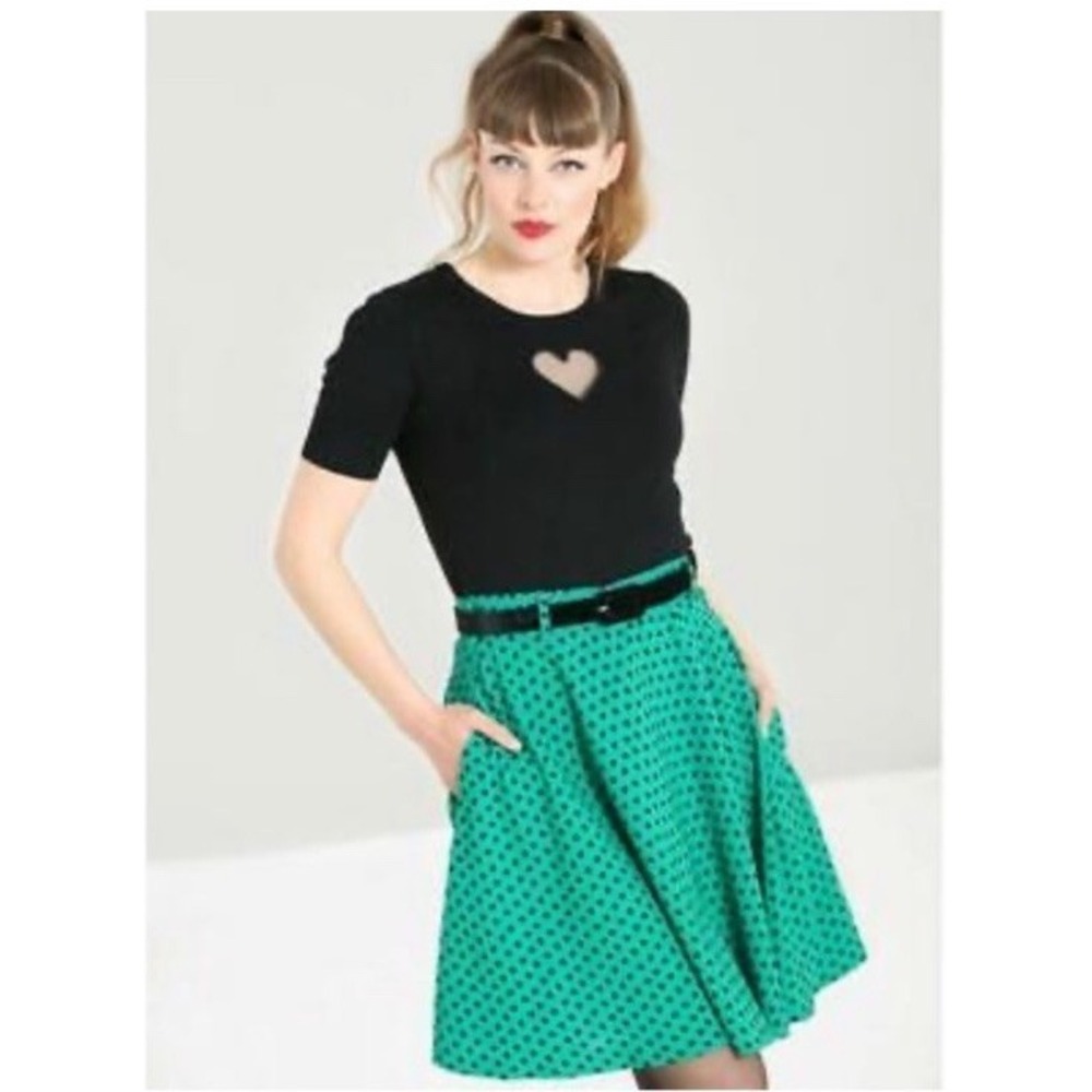 Hell Bunny Paradisum Green Polka Heart Dot Mini Skirt Rockabilly Retro Size XS